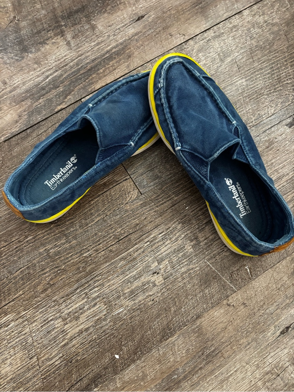 Timberland Navy Canvas Slip-On Loafers with Yellow Trim unisex